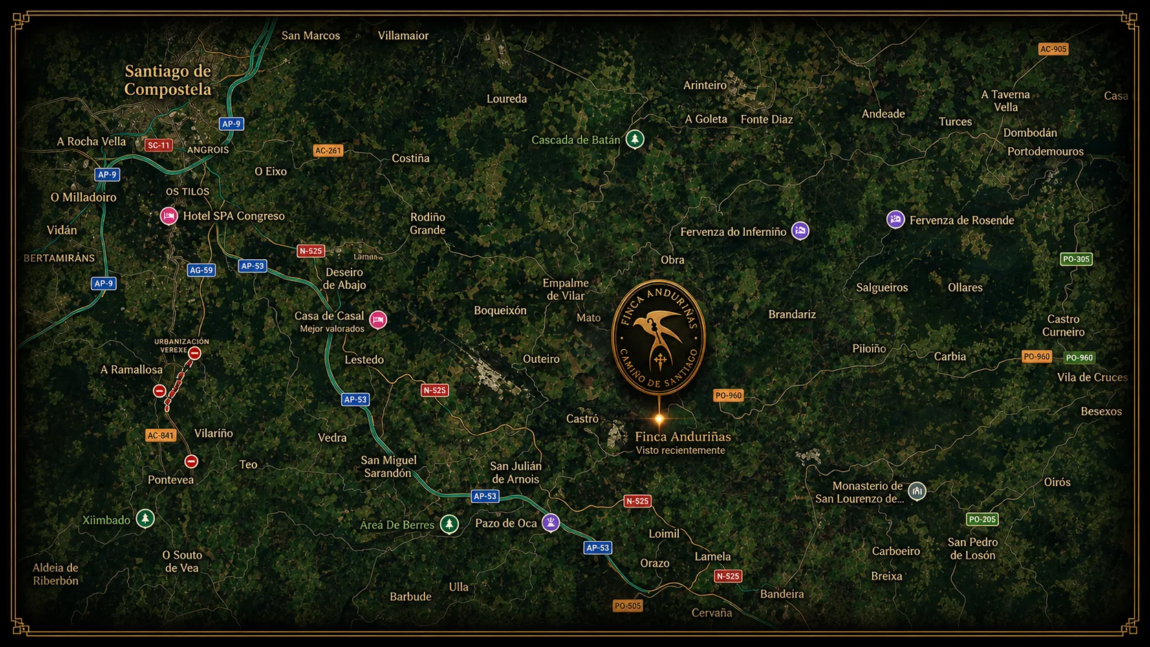 Mapa de la ubicación de Finca Anduriñas en el Camino de Santiago, cerca de A Estrada (Pontevedra)